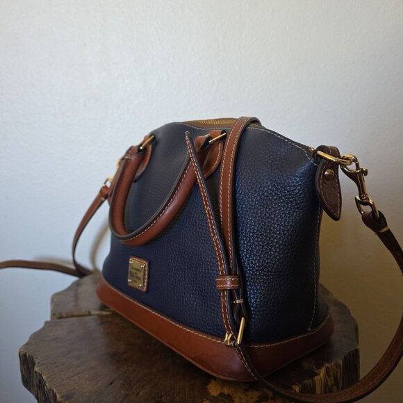 Dooney & Bourke Pebble Grain Darcy Domed Satchel Crossbody Navy Tan Leather - Picture 9 of 16